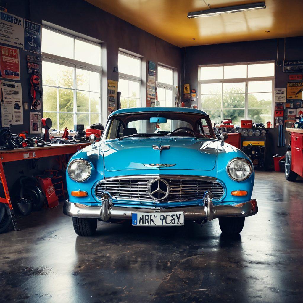 An open automotive workshop brimming with tools and car parts, showcasing a mechanic confidently working on an engine while surrounded by posters of classic cars and modern vehicles. Bright sunlight filters through a large window, casting a warm glow over the scene, symbolizing knowledge and passion for cars. In the foreground, a colorful road sign reads 'Happy Motoring' to inspire joy in driving. super-realistic. vibrant colors. 3D.