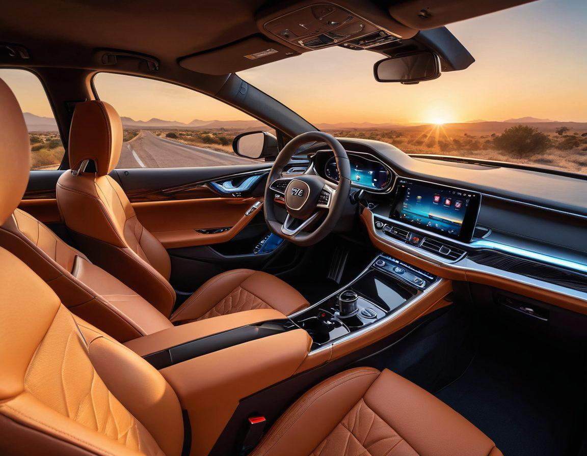 A sleek, luxurious car interior with an expert holding a steering wheel, surrounded by high-tech gadgets and infotainment systems, exuding comfort and sophistication. There are glowing dashboard lights and an inviting atmosphere, symbolizing the joy of driving. In the background, an idyllic road stretches out into a sunset, evoking a sense of freedom. super-realistic. vibrant colors. 3D.